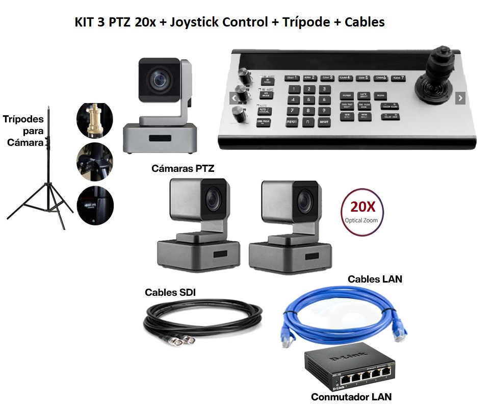 Eco-Kit 3 PTZ 20X + Joystick Control + Trípodes + Cables